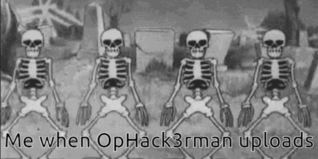 a black and white cartoon of skeletons dancing in a cemetery with the caption me when ophack3rman uploads