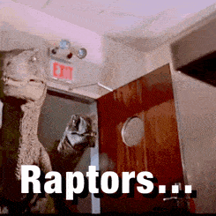 two raptors are standing in a doorway with the words raptors written on the bottom