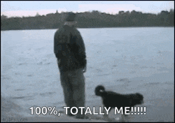 a man is standing next to a dog in the water with the words `` 100 % totally me !!! ''