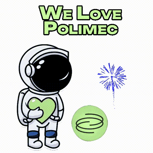 a cartoon of an astronaut holding a heart with the words we love polimeo behind him