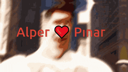a blurred image of a man with the words alper pinar in red letters