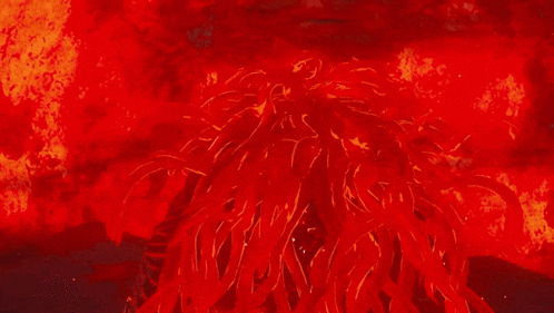 a cartoon character with long red hair is surrounded by flames