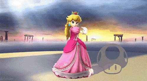princess peach is wearing a pink dress and standing next to a mushroom .