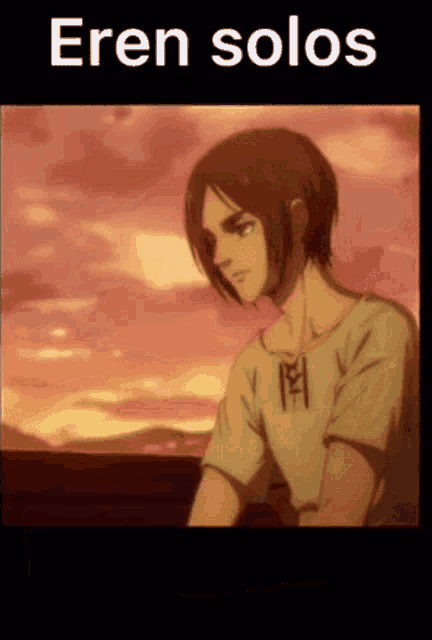 a picture of eren solos with a sunset background