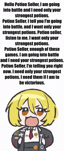 a cartoon of a girl in a suit and tie is talking about potions