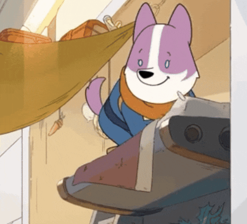 a cartoon dog wearing a scarf is sitting on a shelf