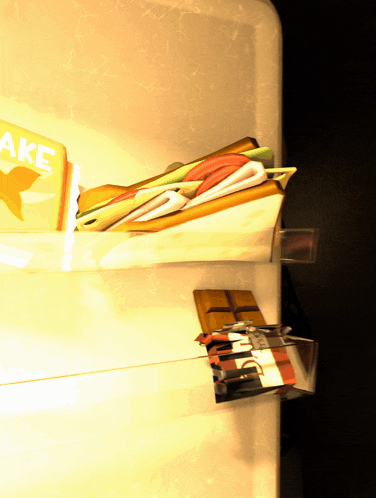 a box of cake sits on a shelf next to another box