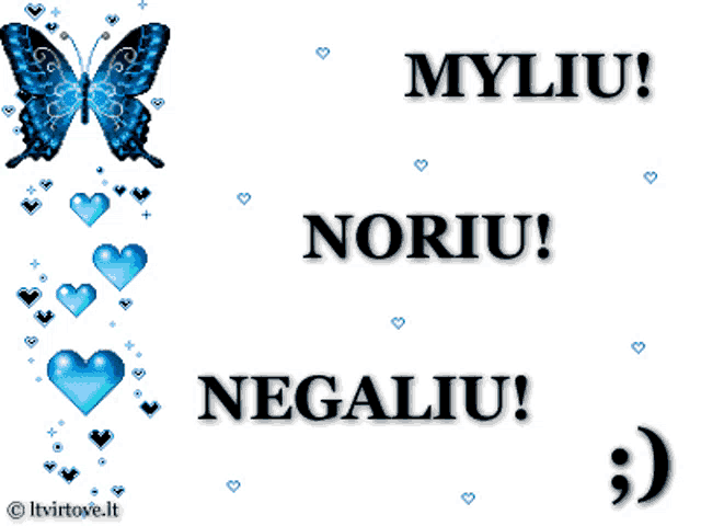 a butterfly surrounded by blue hearts and the words myliu noriu negliu