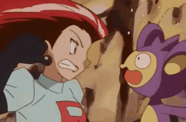 jessie and a purple pokemon are fighting each other