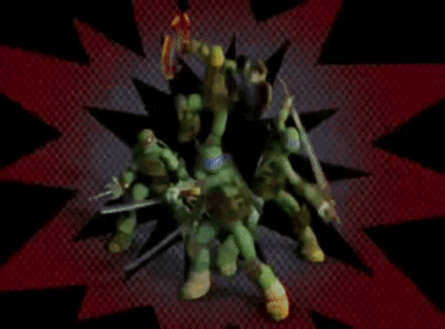 a group of teenage mutant ninja turtles are hugging each other in a dark room