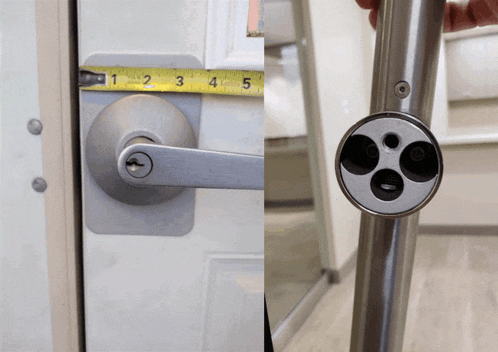 a door with a measuring tape on it and a door with a camera on it