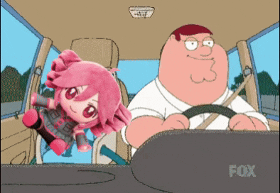 a cartoon of peter griffin driving a car with a stuffed girl in the back