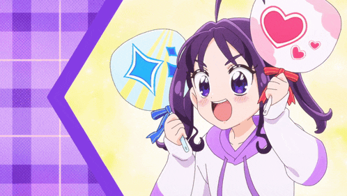 a girl with purple hair holds a fan with a heart on it