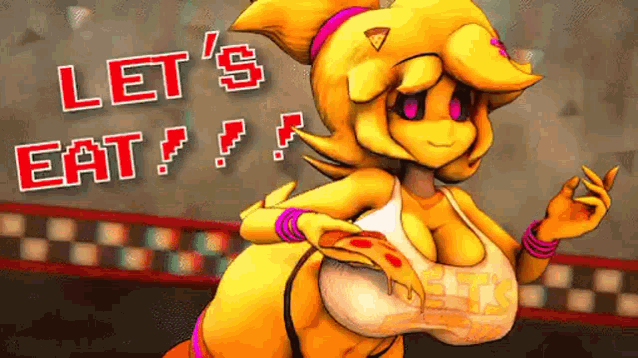 chica from five nights at freddy 's is a cartoon character with big breasts and a pizza in her hand .