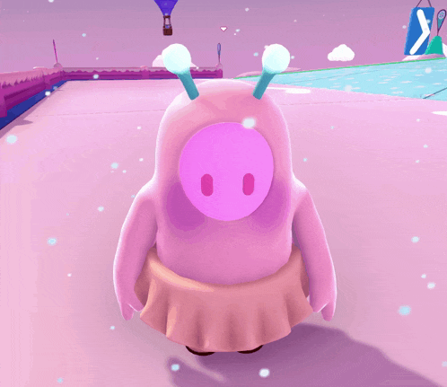 a pink cartoon character is standing on a pink carpet