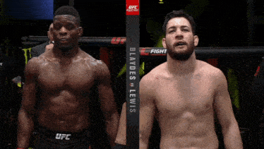 two men are standing next to each other in a cage with ufc written on the side