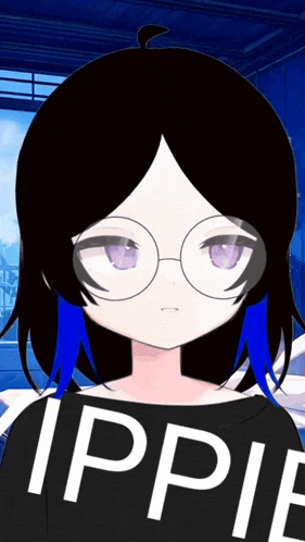 a girl wearing glasses and a black shirt with the word ippie on it