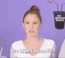 a woman says she liked them in front of a cup that says morning breath
