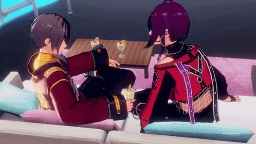 a couple of anime characters sitting on a couch with one of them wearing a red jacket with the letter i on it