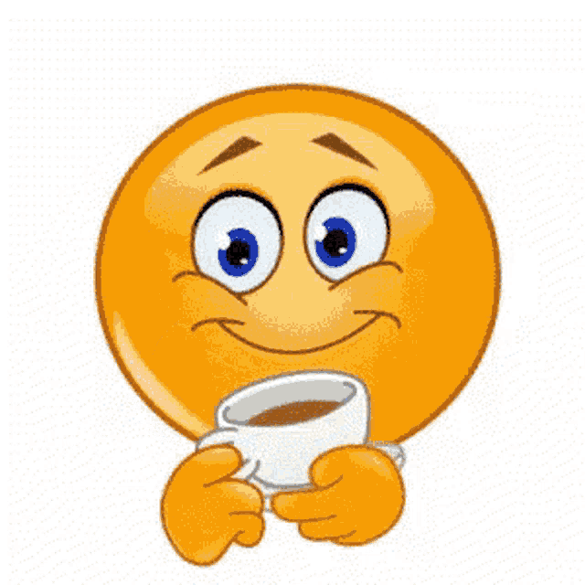 a smiley face is holding a cup of coffee in his hands .