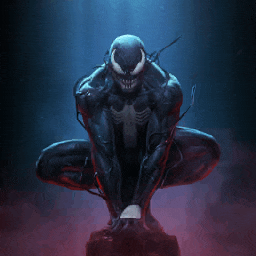 a painting of venom sitting on a rock in the dark