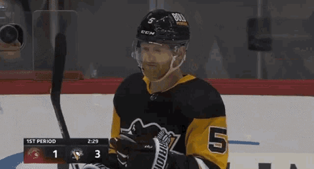 a hockey player with the number 5 on his shirt