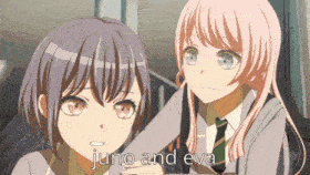 a couple of anime girls standing next to each other with the words juno and eva in the corner