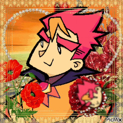 a cartoon of a man with pink hair is surrounded by red flowers and picmix