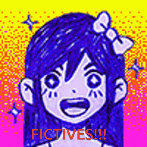 a drawing of a girl with blue hair and a bow on her head with the words fictives written on it .