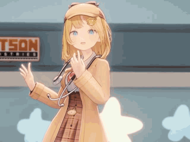 a girl with a stethoscope is standing in front of a sign that says tson