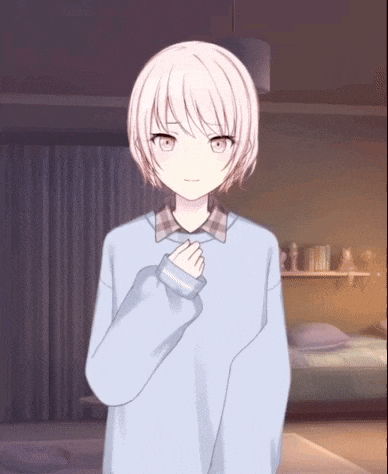 a girl with white hair is wearing a blue sweater and a plaid shirt