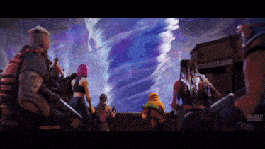 a group of people are standing in front of a stormy sky