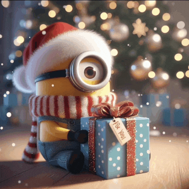 a minion wearing a santa hat and scarf is holding a gift with a tag that says " i love you "