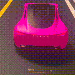a pink car is driving down a road next to a speedometer that reads 100
