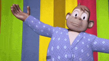a cartoon monkey wearing a purple robe is standing in front of a colorful curtain