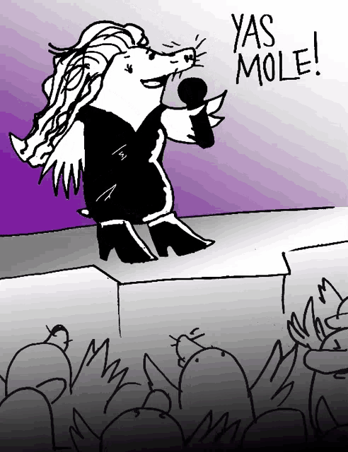 a black and white drawing of a hedgehog singing into a microphone with the words yas mole written below it