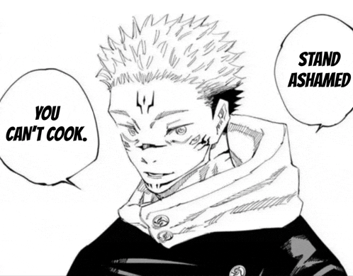 a black and white drawing of a person with a speech bubble that says " you can 't cook "