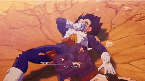 a screenshot of a video game where vegeta is laying on top of another person .