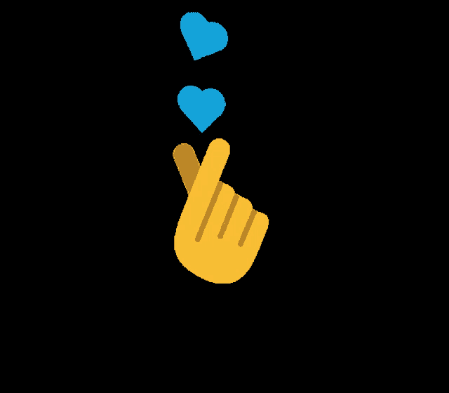a yellow hand making a heart sign with two blue hearts coming out of it