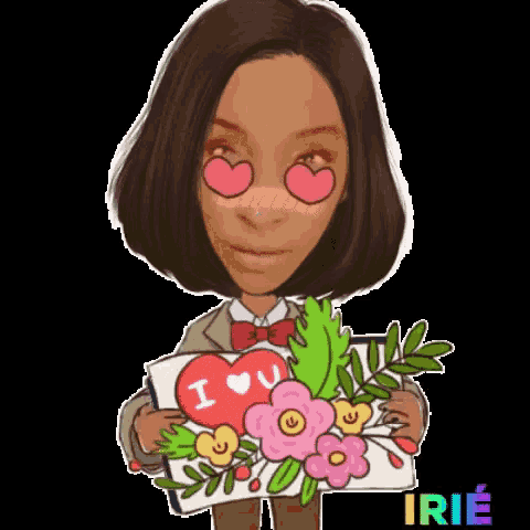 a cartoon of a woman holding a bouquet of flowers and a sign that says i love you