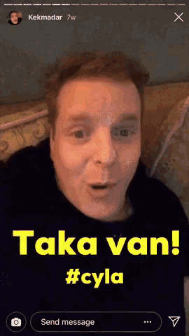 a man with a surprised look on his face is sitting on a couch and says taka van #cyla