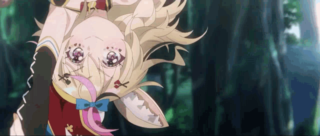 a close up of a anime girl 's face with a bow in her mouth