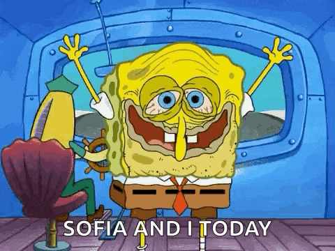 spongebob is sitting in a chair in front of a window with his arms outstretched .