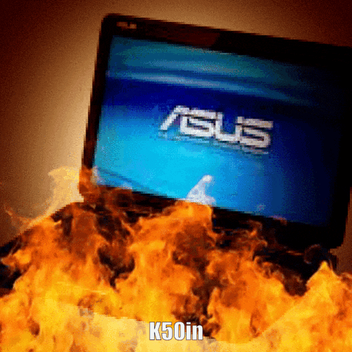 an asus laptop is on fire and says k50in below it