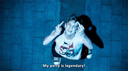 a man is flying through the air with the words " my party is legendary " above him