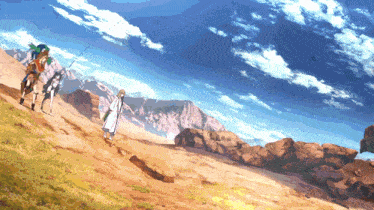 a man riding a horse in a desert while a woman stands behind him