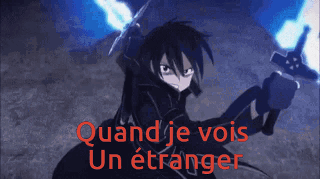 a cartoon character is holding a sword and the words quand je vois un etranger are visible