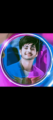 a young man is smiling in a circle with a purple and blue background .
