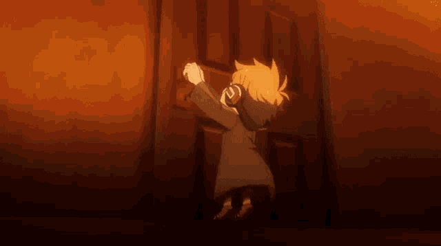 a cartoon character is standing in front of a door .