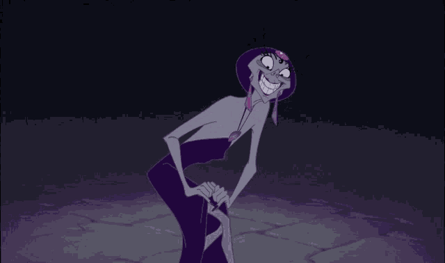 a cartoon character with a purple hat and a sword in her hand